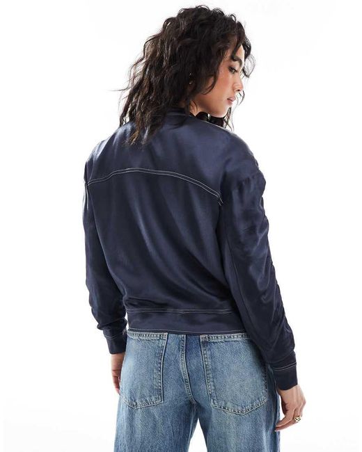 French Connection Blue Akita Ruched Sleeve Satin Bomber Jacket