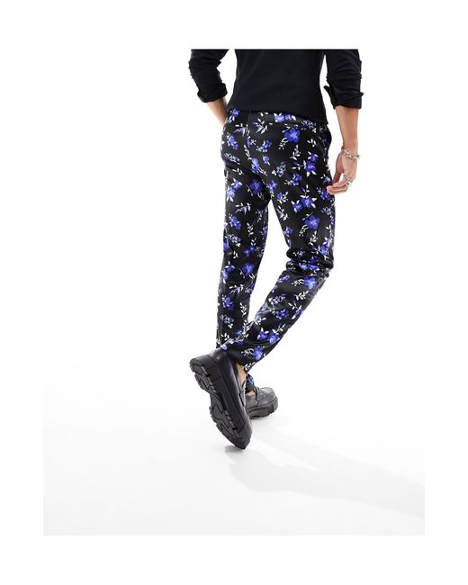 ASOS Blue Smart Slim Fit Satin Pants With Floral Print for men