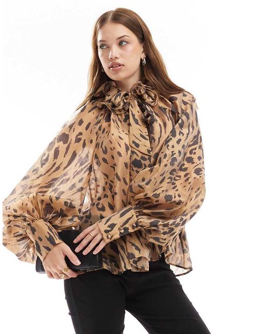 & Other Stories Brown Volume Blouse With Rose Corsage Tie Neck