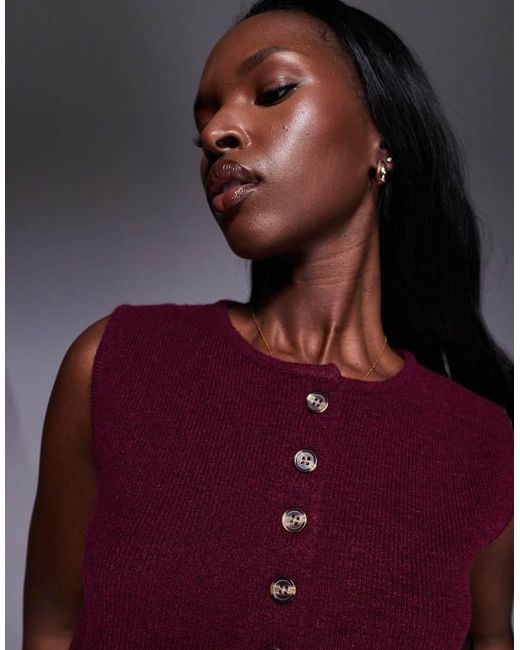 Aria Cove Red Ribbed Knit Cropped Button Through Sleeveless Waistcoat