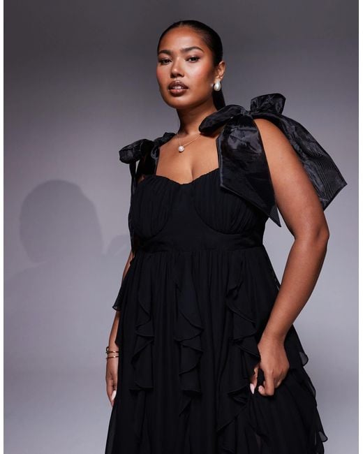 ASOS Black Curve Halter Maxi Dress With Waterfall Ruffles