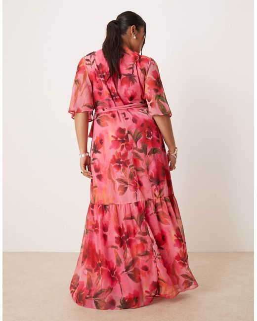 Hope & Ivy Plus Red Flutter Sleeve Maxi Wrap Dress