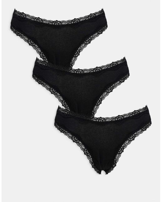 ASOS Asos Design 3 Pack Cotton & Lace Trim High Rise Malibu Thong in ...