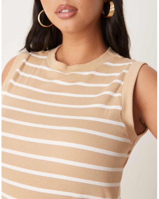 ASOS Natural Asos Design 90s Curve Ribbed Built Up Midi Tank Dress Neutral Stripe