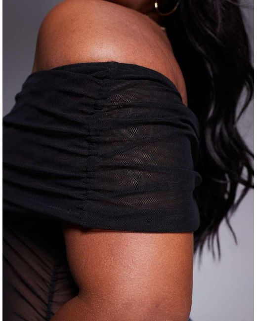 ASOS Black Asos Design Curve Mesh Fold Over Ruched Off Shoulder Top