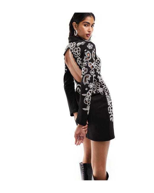 ASOS Black Plunge Neck Silver Embellished Sequin Blazer Mini Dress