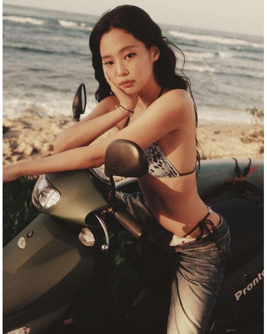 Frankie's Bikinis Black X Jennie Kim Reversible Print Triangle Bikini Top
