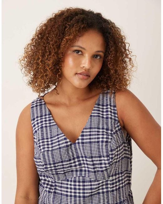 ASOS Blue Asos Design Curve Waisted V-neck Mini Sundress With Seaming Details