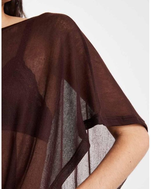 ASOS Brown Knit-Look Semi Sheer Slash Neck Cape Top