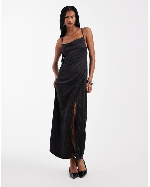 4th & Reckless White Satin Cami Strappy Lace Detail Split Front Maxi Dress