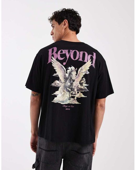Jack & Jones Black Boxy Oversized Tshirt With Pegasus Back Print for men