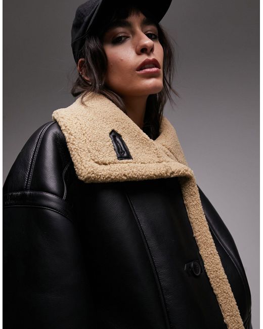 TOPSHOP Faux Leather Longline Shearling Car Coat With Borg Lining