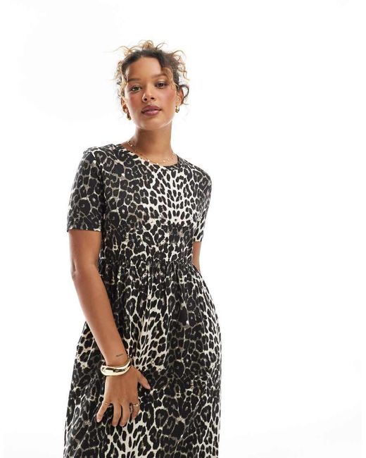 Threadbare Midi Jurk Van Jersey Met Korte Mouwen, Verlaagde Taille En Luipaardmotief in het White