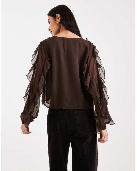Mango Brown Teen Ruffle Long Sleeve Blouse