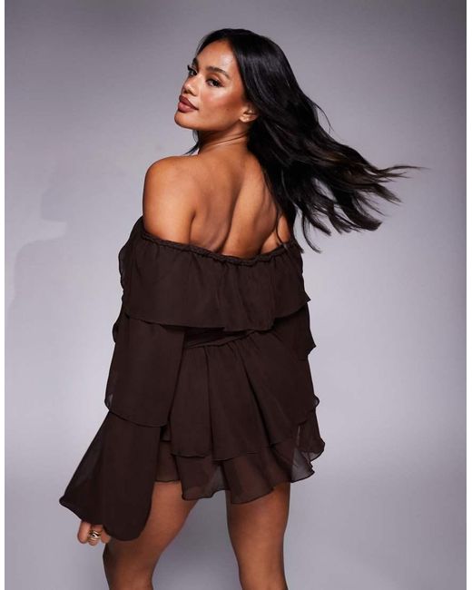 Murci Brown Chiffon Bardot Tiered Ruffle Mini Dress