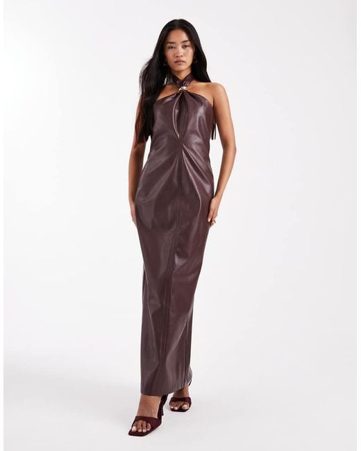 4th & Reckless Purple Leather Look Gold Hardware Knot Detail Halterneck Maxi Dress