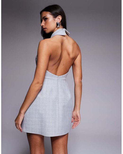 ASOS Elegante Geruite Mini Jurk Met Halternek, Strik En Gestructureerde Rok in het Gray