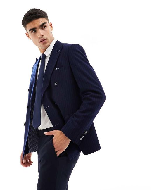 Harry Brown Blue Pinstripe Slim Fit Double Breasted Suit Jacket for men