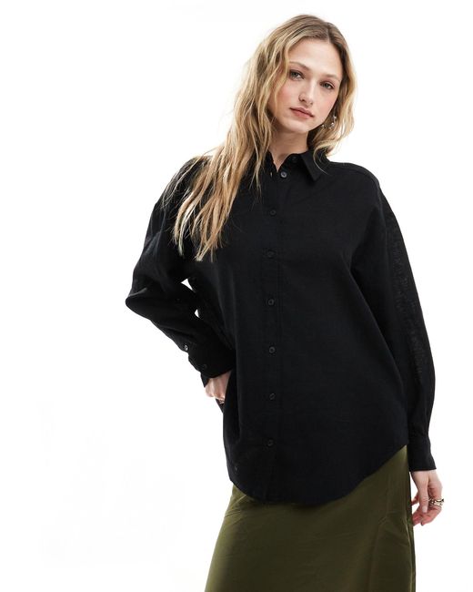 Monki Black Linen Blend Oversize Shirt