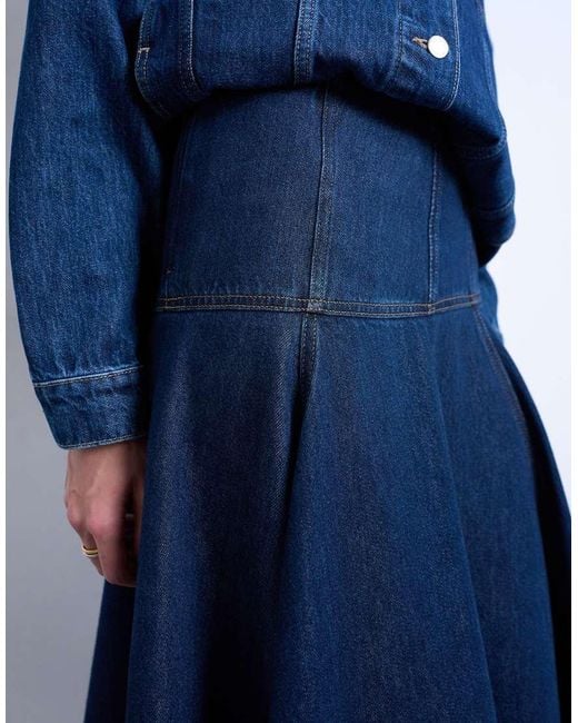 TOPSHOP Blue Denim Dropped Waist Seamed Midi Skirt