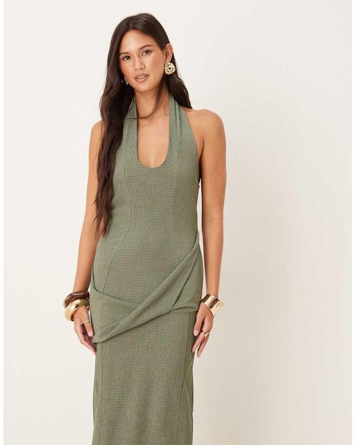 ASOS Natural Textured Halter Drape Waist Midi Dress
