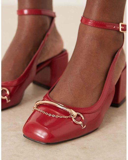 Raid Red Aiza Ballet Low Block Heel Shoes With Gold Buckle