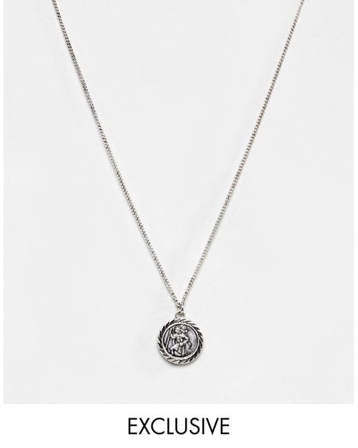 Reclaimed (vintage) Metallic Inspired St Christopher Pendant Necklace for men