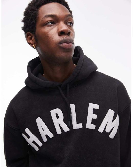 Felpa Oversize Nera Con Cappuccio E Stampa "Harlem" di Topman in Black da Uomo