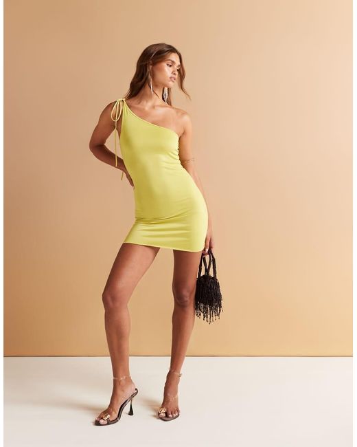 monki one shoulder dress Monki Slinky One Shoulder Mini Dress With Tie Detail In Green