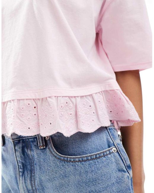 Miss Selfridge White Broderie Hem Short Sleeve T-shirt