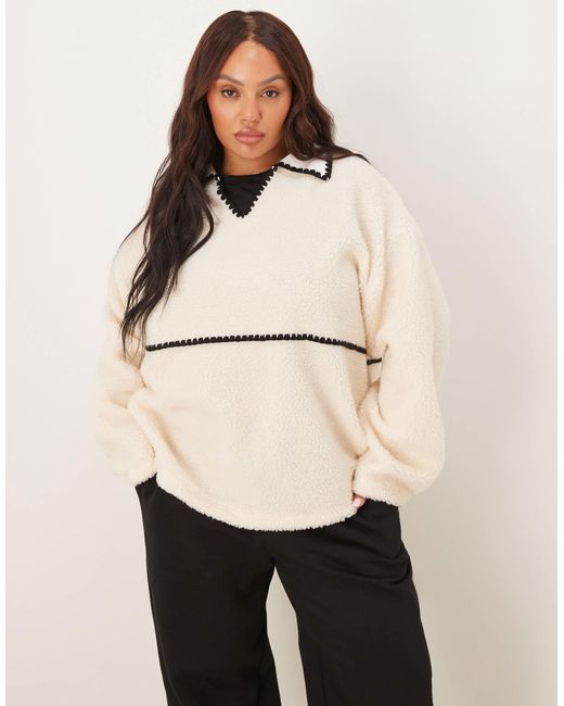 ASOS Natural Asos Design Curve Borg Pullover Sweat With Blanket Stitch Detail