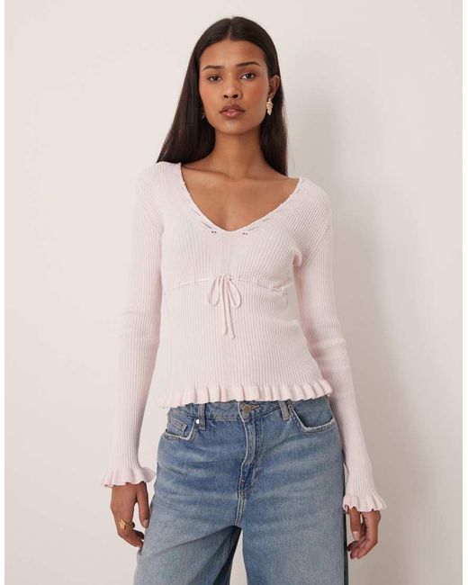 Gina Tricot White Long Sleeve Knit Frill Top