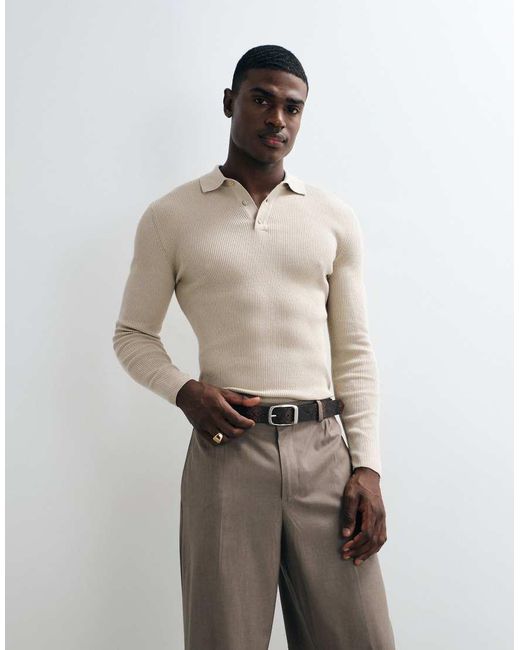 ASOS Natural Essentials Micro Rib Muscle Fit Lightweight Knit Polo for men