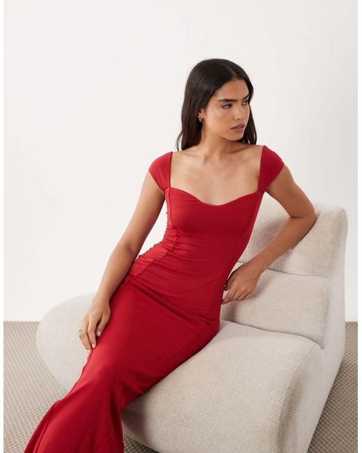 Oh Polly Red Modal Sweetheart Neck Cap Sleeve Maxi Dress
