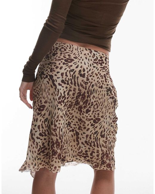 Jupe transparente froncée sur le côté à volants et longueur style années 90 - imprimé léopard TOPSHOP en coloris Brown