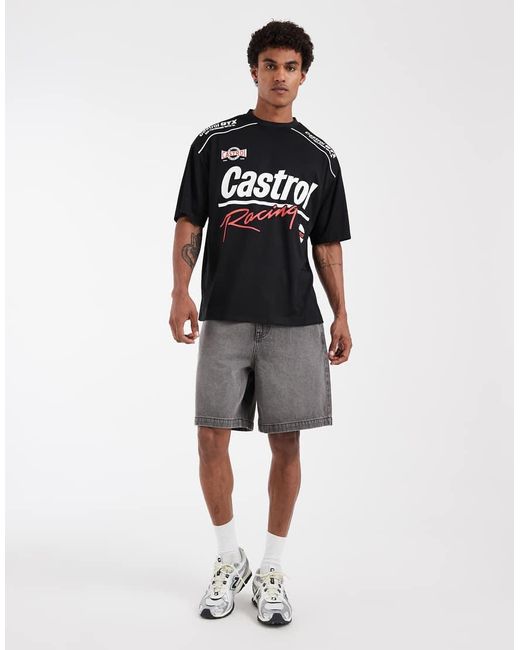 ASOS Black Oversized Mesh Tee With Castrol Print for men