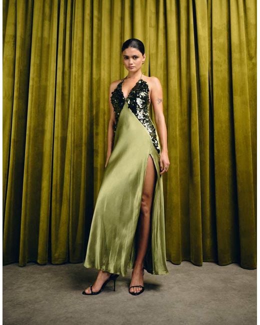 Bardot Green Yve Sequin Satin Halter Maxi Dress
