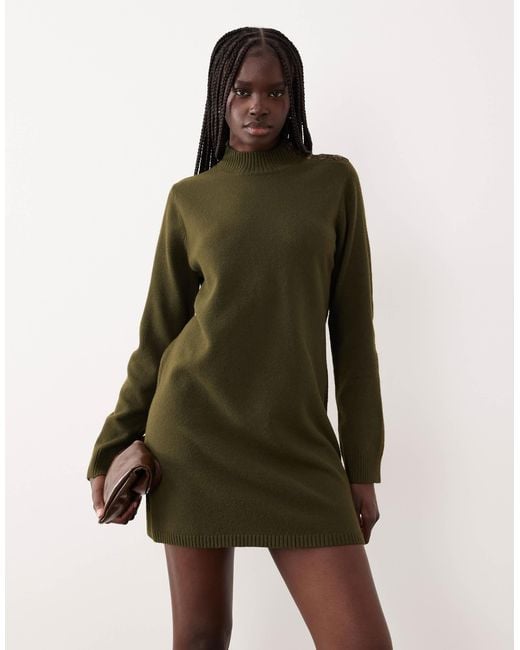 Mango Women's Green Button Detail Long Sleeve Knitted Mini Dress Mango Women's Green Button Detail Long Sleeve Knitted Mini Dress