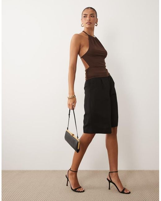 ASOS Brown Polyamide High Neck Cut Away Cinched Halter