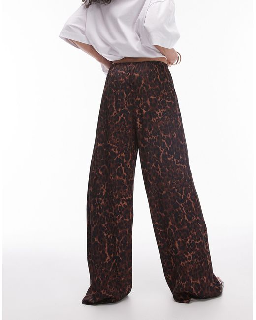 TOPSHOP White Leopard Printed Satin Straight Leg Tie Waist Trouser