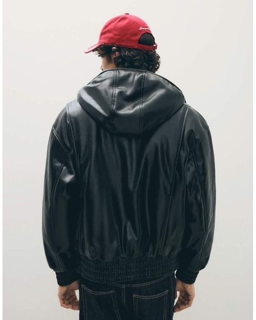 Bershka Blue Hooded Leather Effect Jacket for men