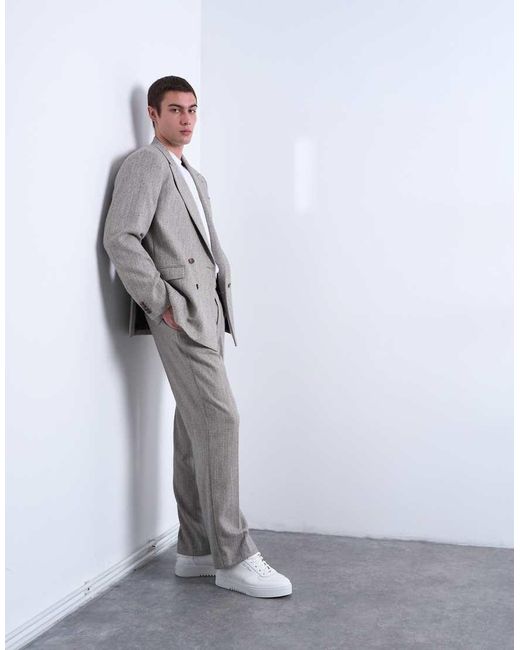 Topman White Herringbone Relaxed Trousers for men