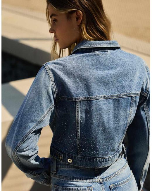 Bershka Blue Shimmery Cropped Denim Jacket