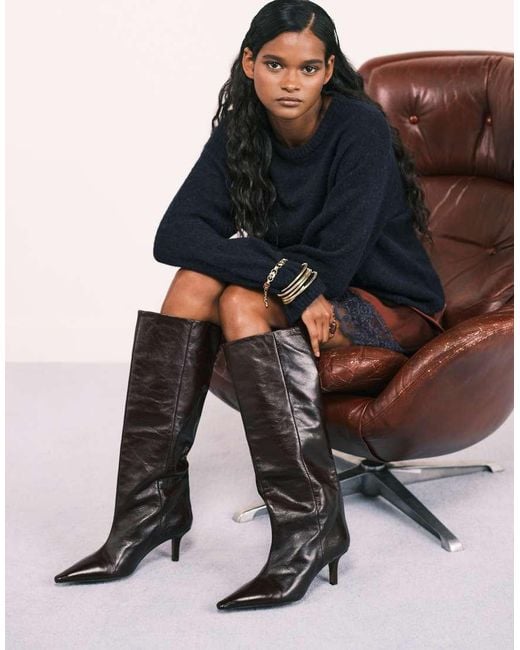 ASOS Black Cleoni Premium Leather Pull On Knee Boots