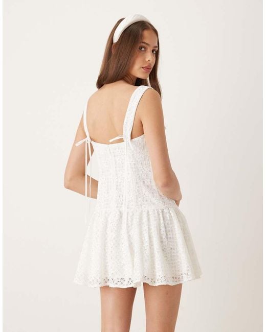 For Love & Lemons Natural Daisy Square Neck Lattice Lace Mini Dress