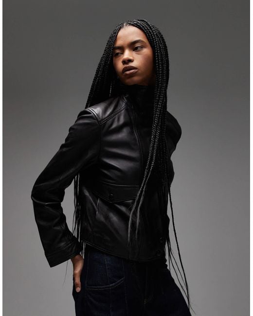 Mango Black Leather Funnel Neck Jacket