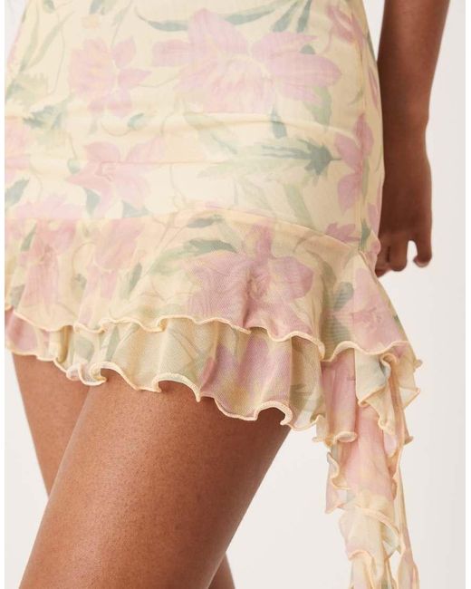 ASOS Natural Mesh Cowl Neck Mini Dress With Ruffle Hem