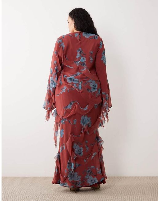 ASOS Red Asos Design Curve Draped Raw Edge Ruffle Trim Long Sleeve Maxi Dress