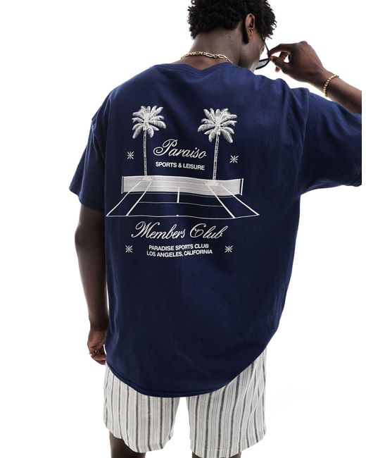 T-shirt oversize con stampa tennis sulla schiena di ASOS in Blue da Uomo