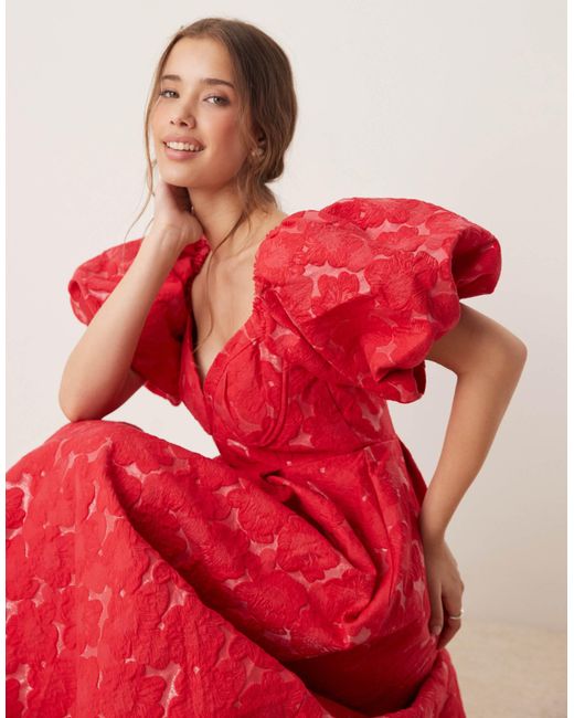 Sister Jane Red Dream Puff Sleeve Jacquard Midaxi Dress
